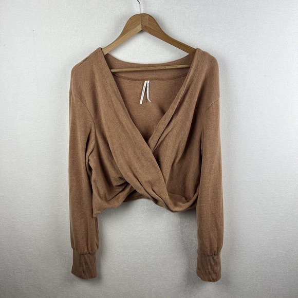 Anthropologie Womens Sweater Large Tan Neutral Long Sleeve Surplice Faux Wrap - Picture 3 of 10
